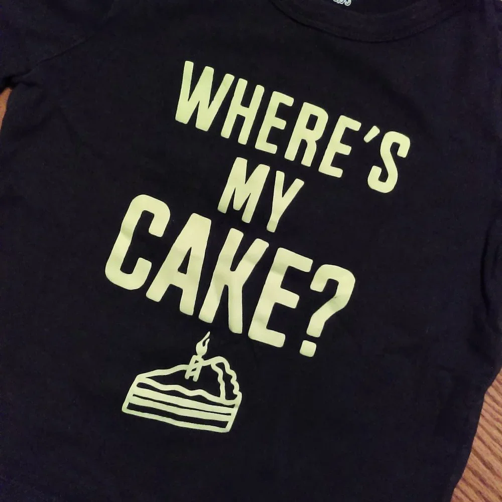🎂 3T Boys Where's My Cake? Osh Kosh Short Sleeve Food Birthday Tee Navy Blue